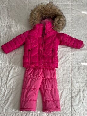 Weatherproof Bright Pink Puffer Jacket with Faux-Fur Hood and Matching Pants